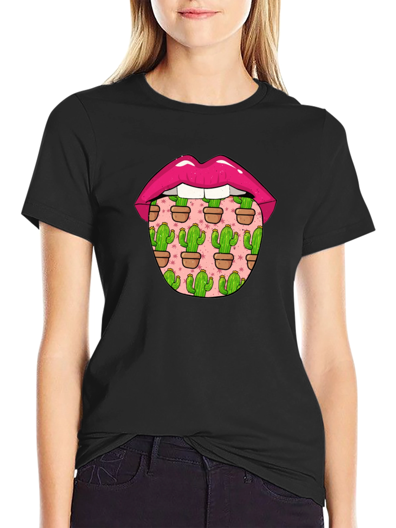 Cactus Tongue Graphic Tee - Novelty Lip Design