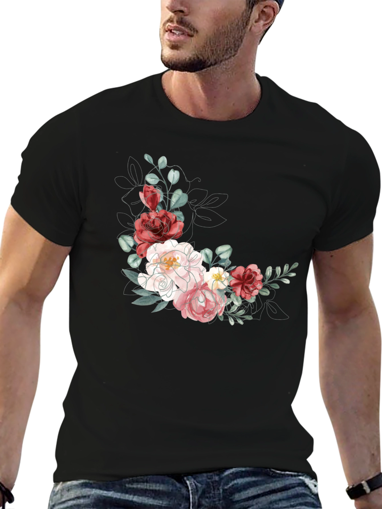 Floral T-Shirt: Elegant Flower Design Black Tee