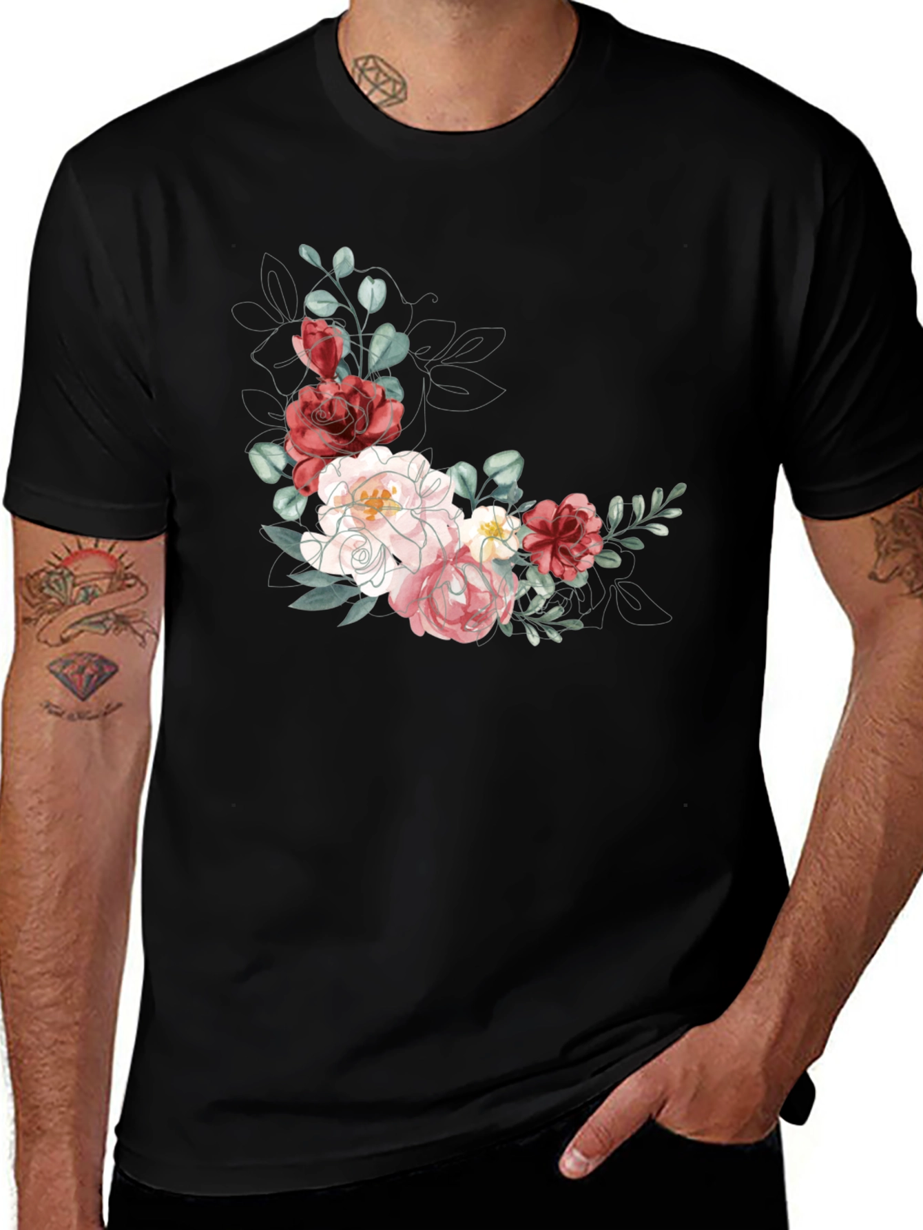 Floral T-Shirt: Elegant Flower Design Black Tee