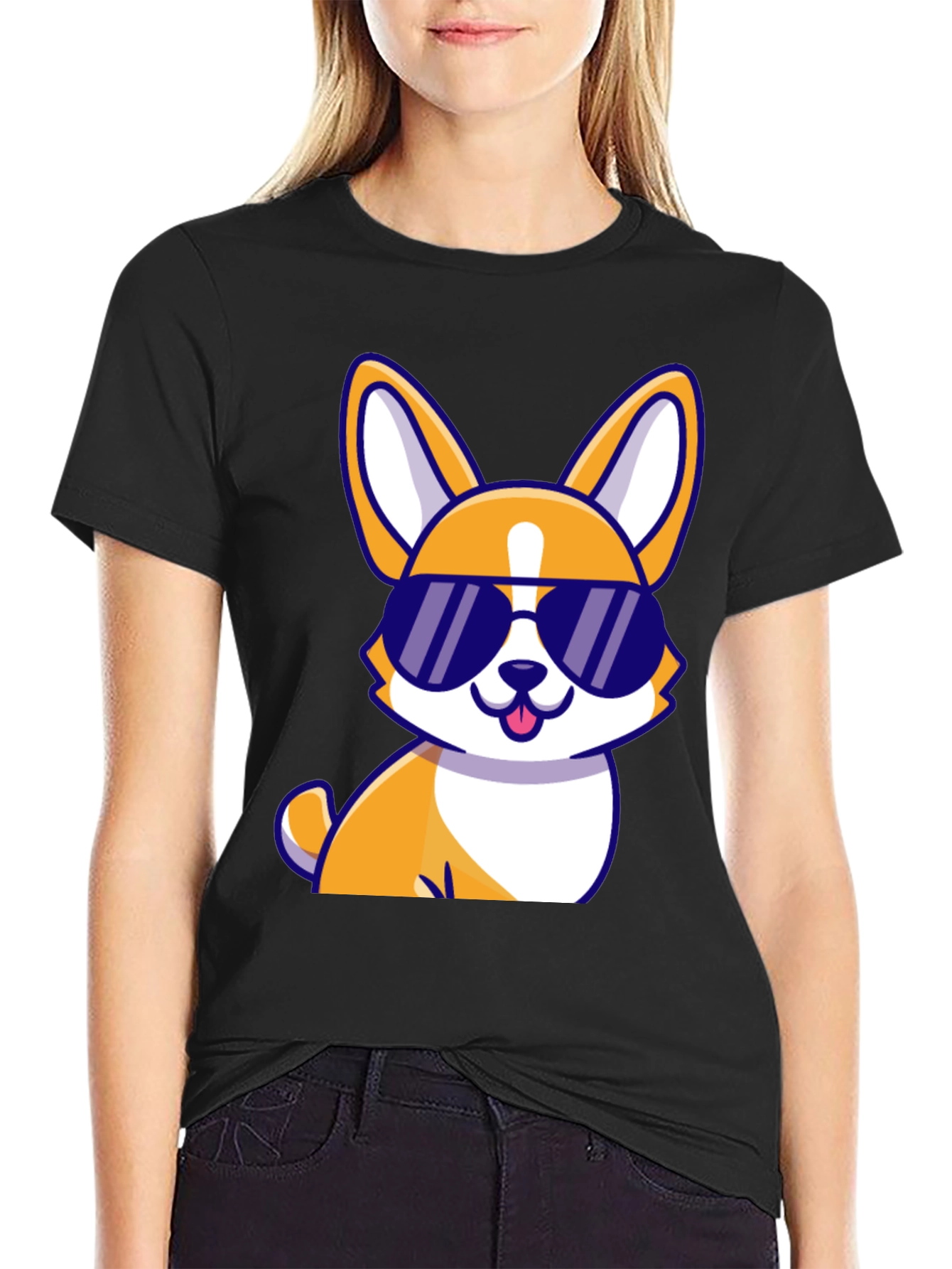 Cool Corgi Sunglasses Black T-Shirt