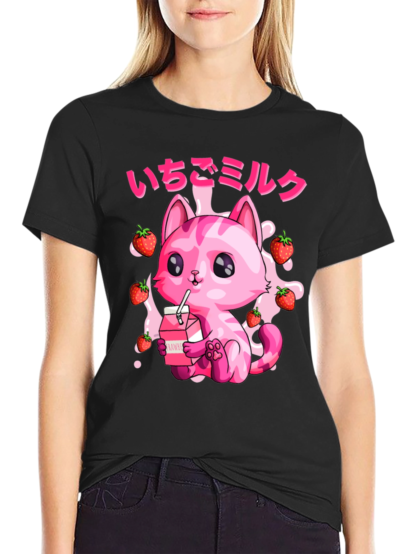 Strawberry Milk Cat T-Shirt - Kawaii Anime Style