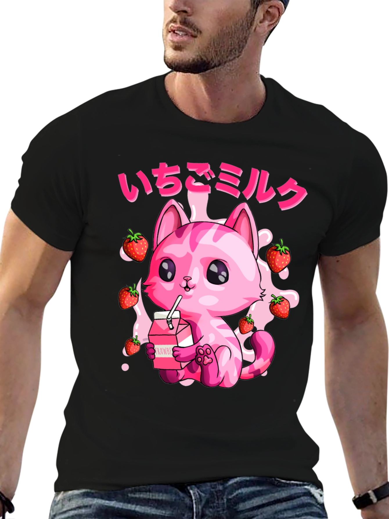 Strawberry Milk Cat T-Shirt - Kawaii Anime Style