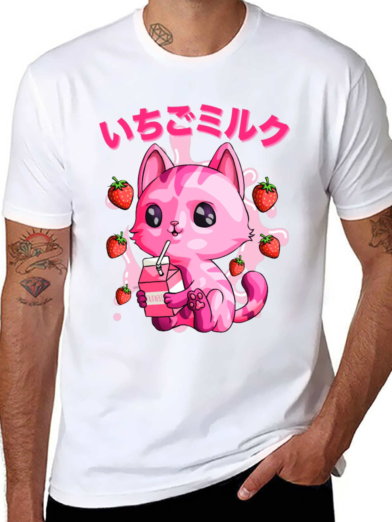 Strawberry Milk Cat T-Shirt - Kawaii Anime Style