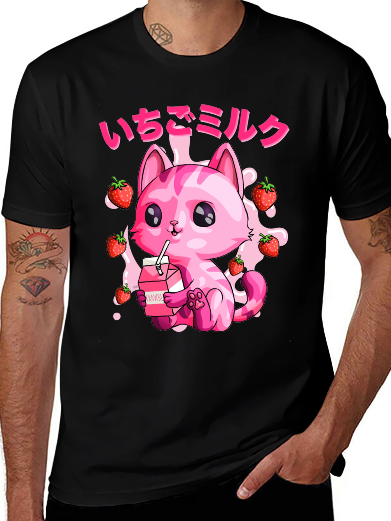 Strawberry Milk Cat T-Shirt - Kawaii Anime Style