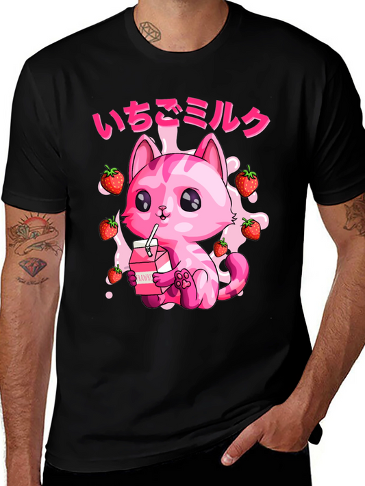 Strawberry Milk Cat T-Shirt - Kawaii Anime Style