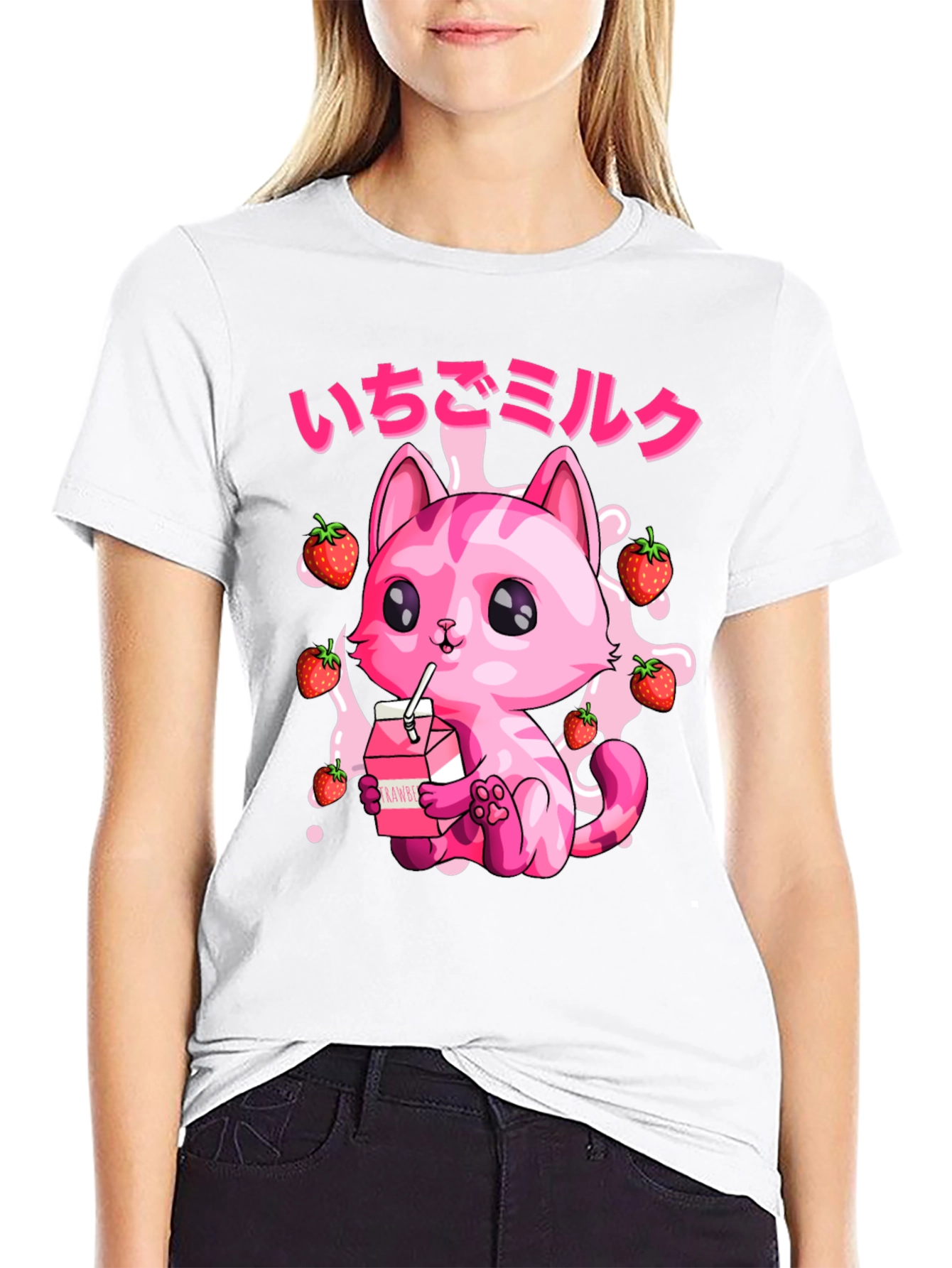 Strawberry Milk Cat T-Shirt - Kawaii Anime Style