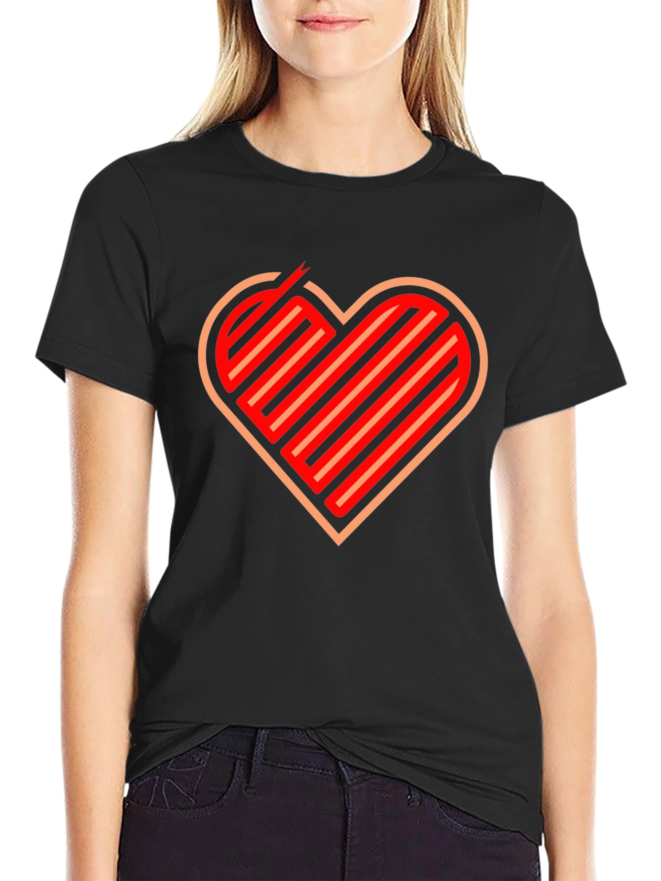 Stripped Heart Graphic Black T-Shirt