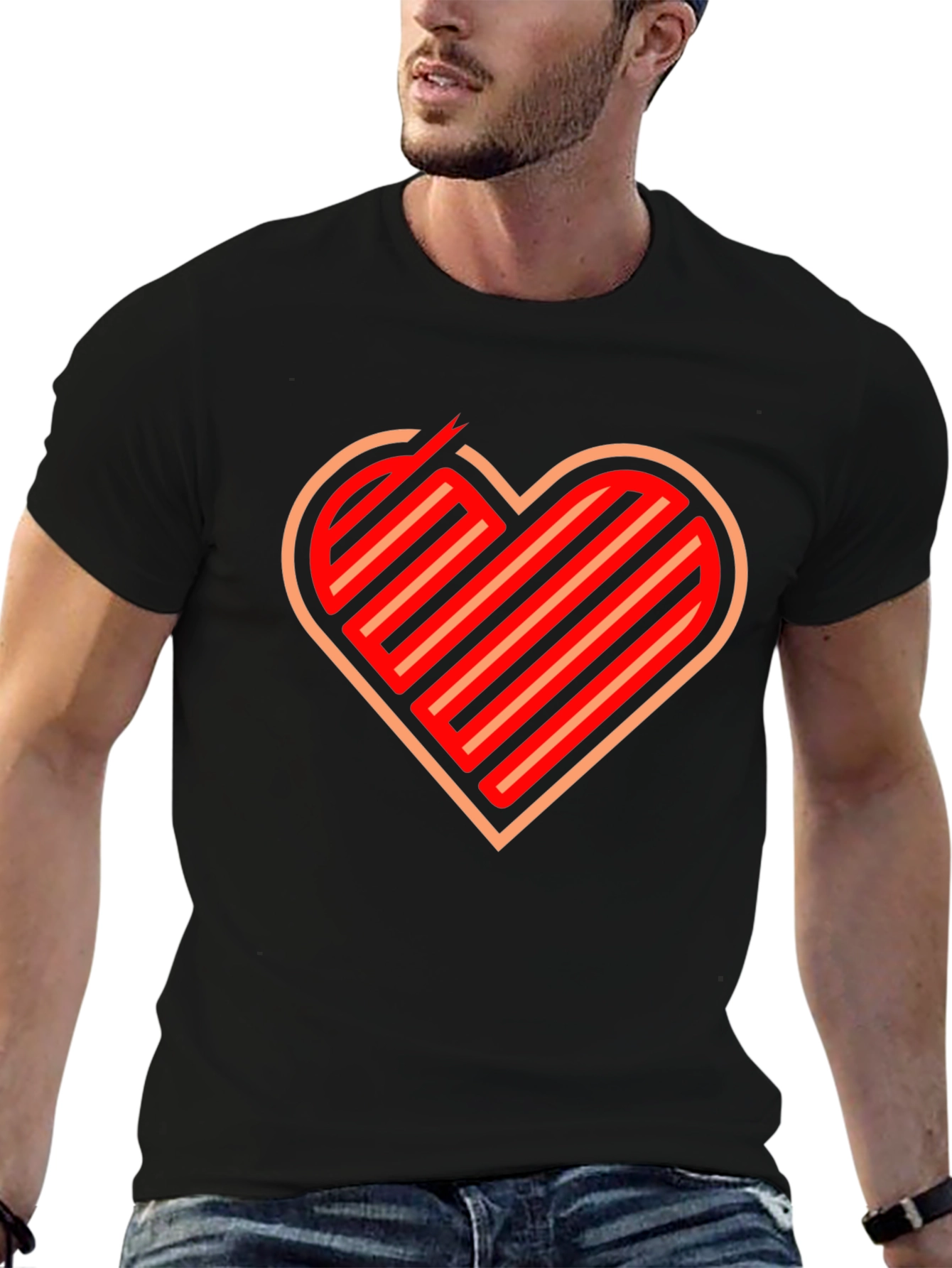 Stripped Heart Graphic Black T-Shirt