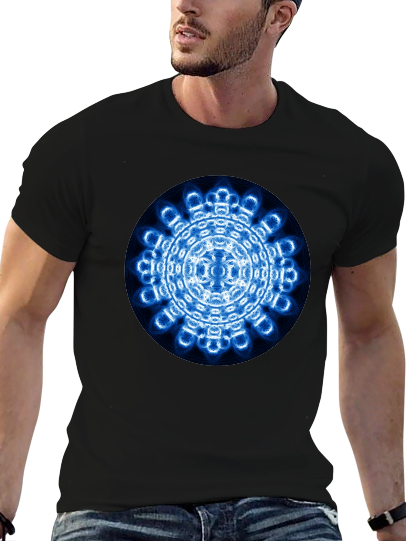 Mens Black T-Shirt with Blue Circular Design
