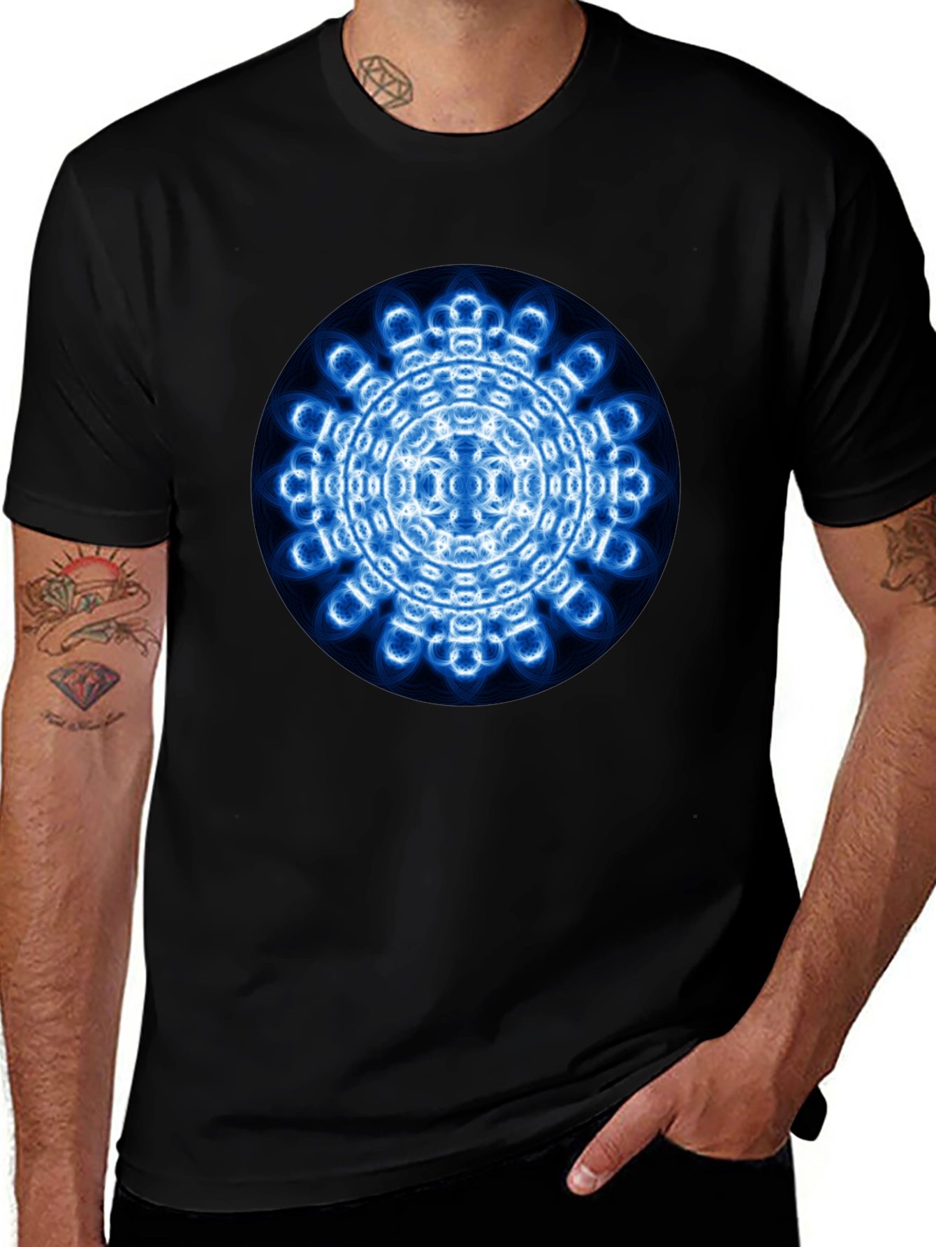 Mens Black T-Shirt with Blue Circular Design