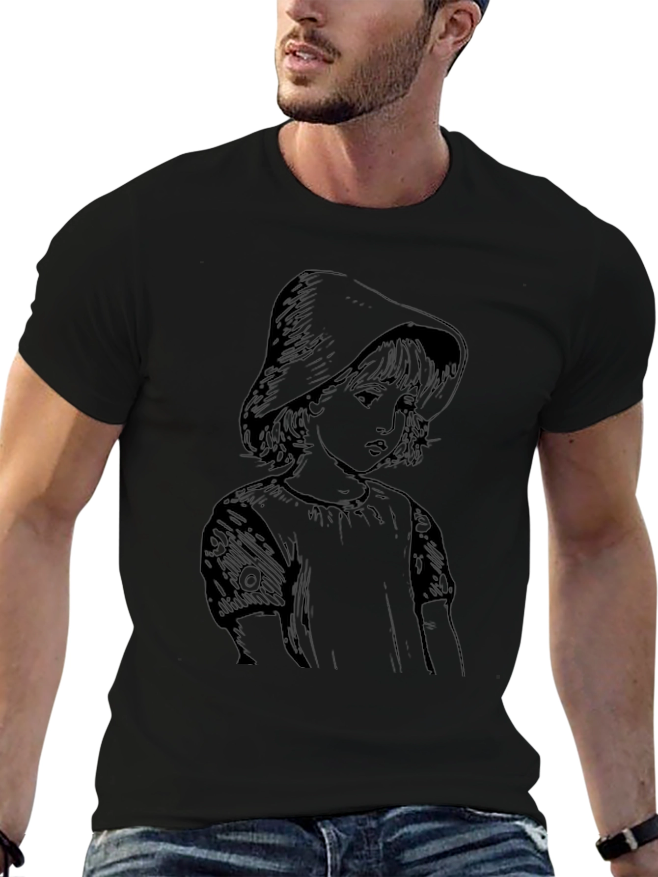 Whimsical Girl Portrait Graphic Tee - Black