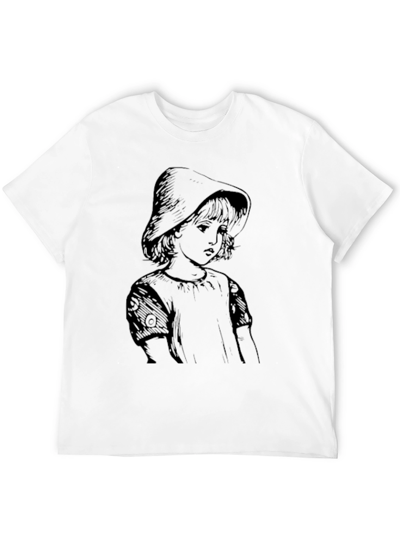 Whimsical Girl Portrait Graphic Tee - Black