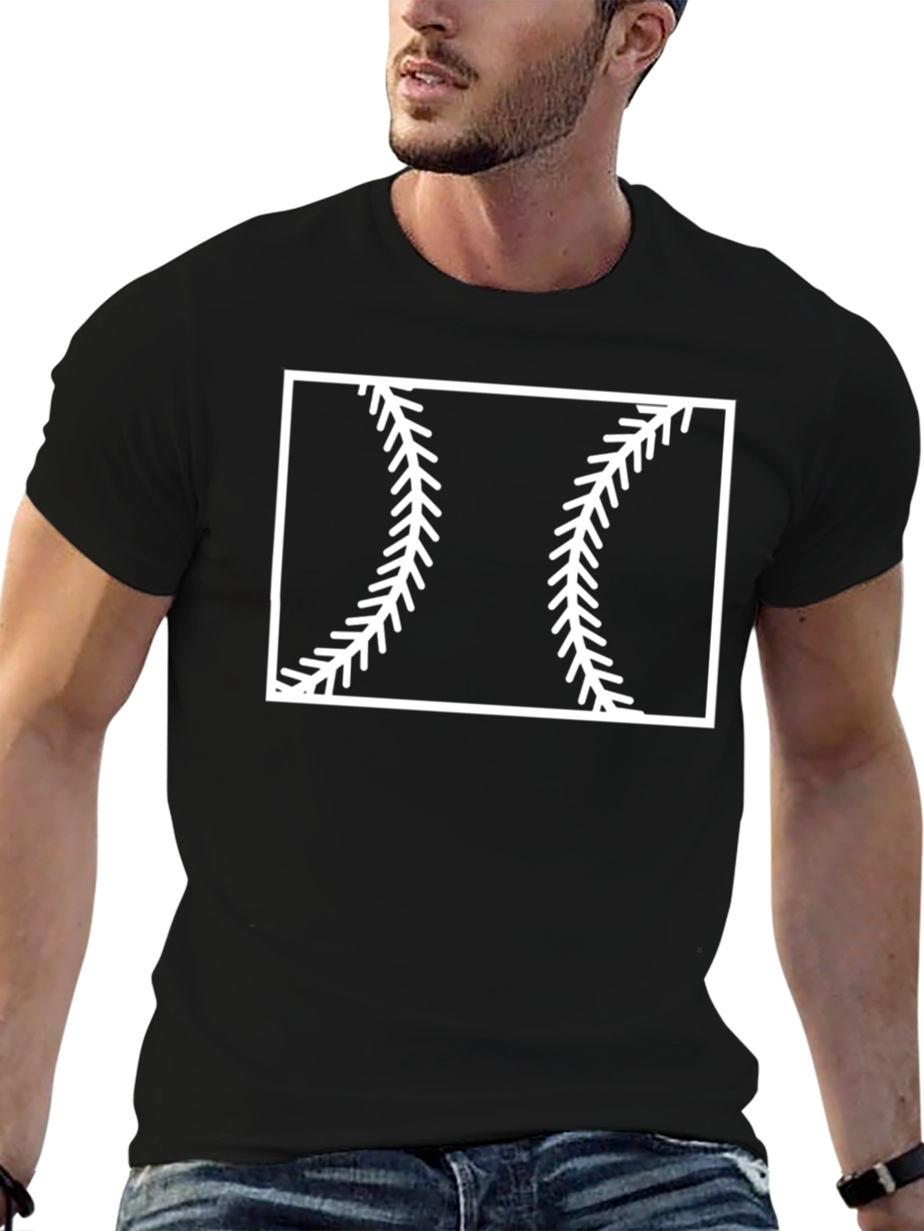 Baseball Stitch Graphic Tee - Black Cotton Casual Shirt