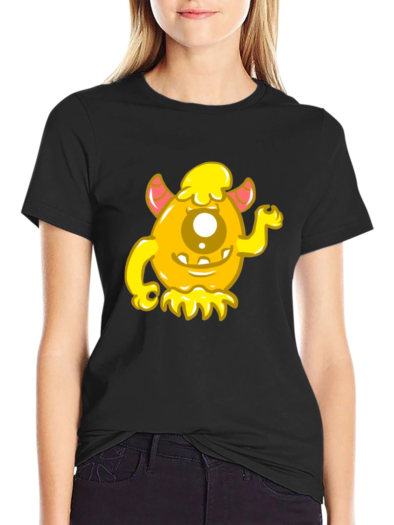 Funny Yellow Monster Graphic Tee - Black Cotton Shirt