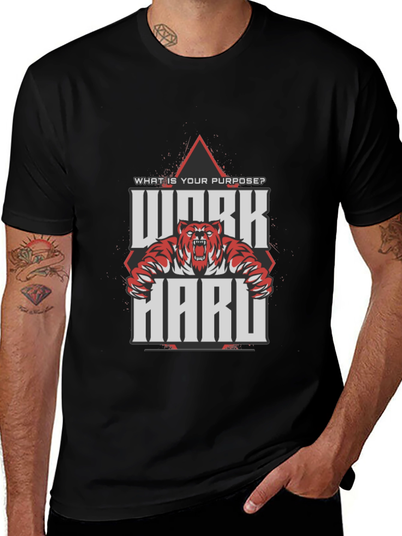 Work Hard Tiger Graphic Black T-Shirt