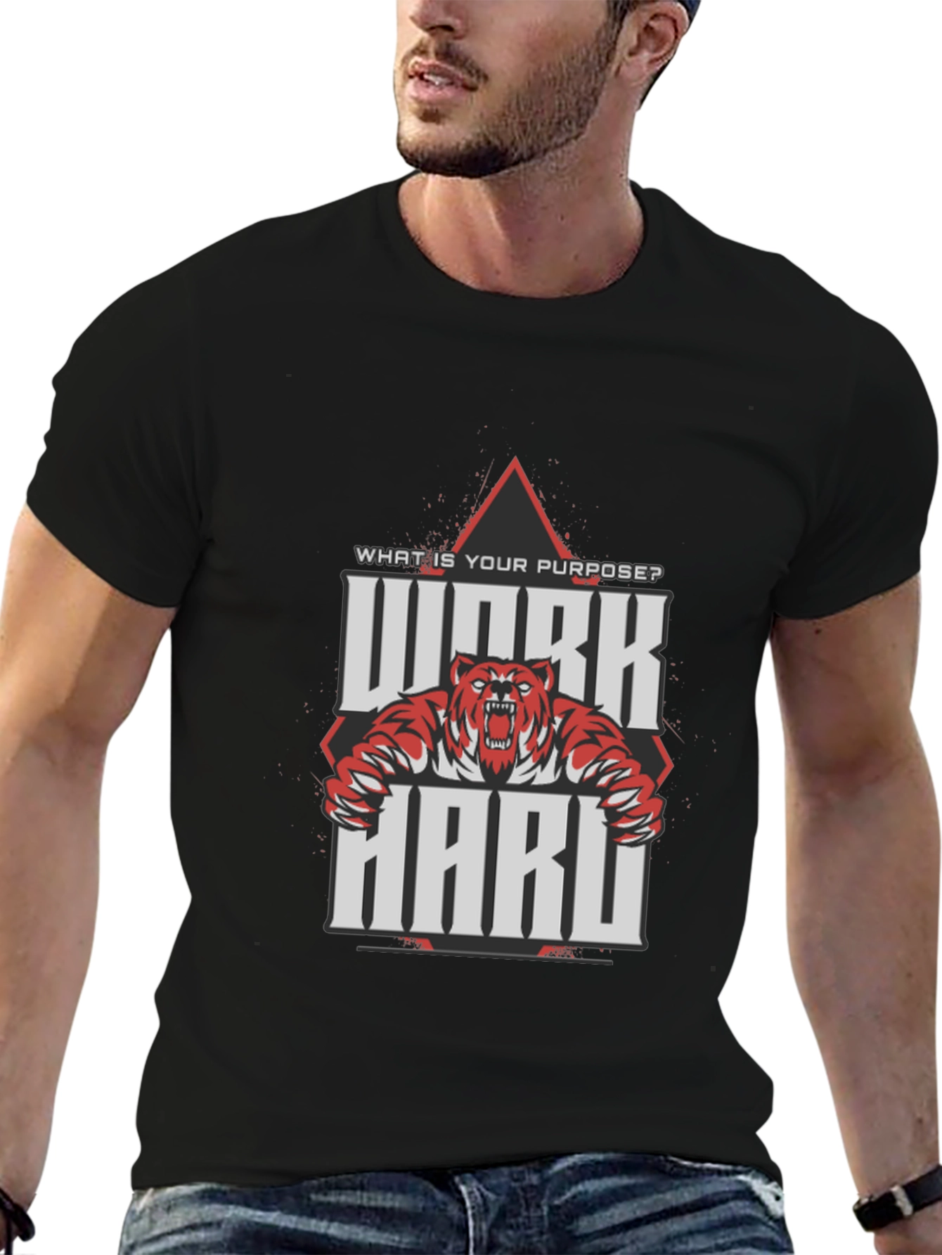 Work Hard Tiger Graphic Black T-Shirt