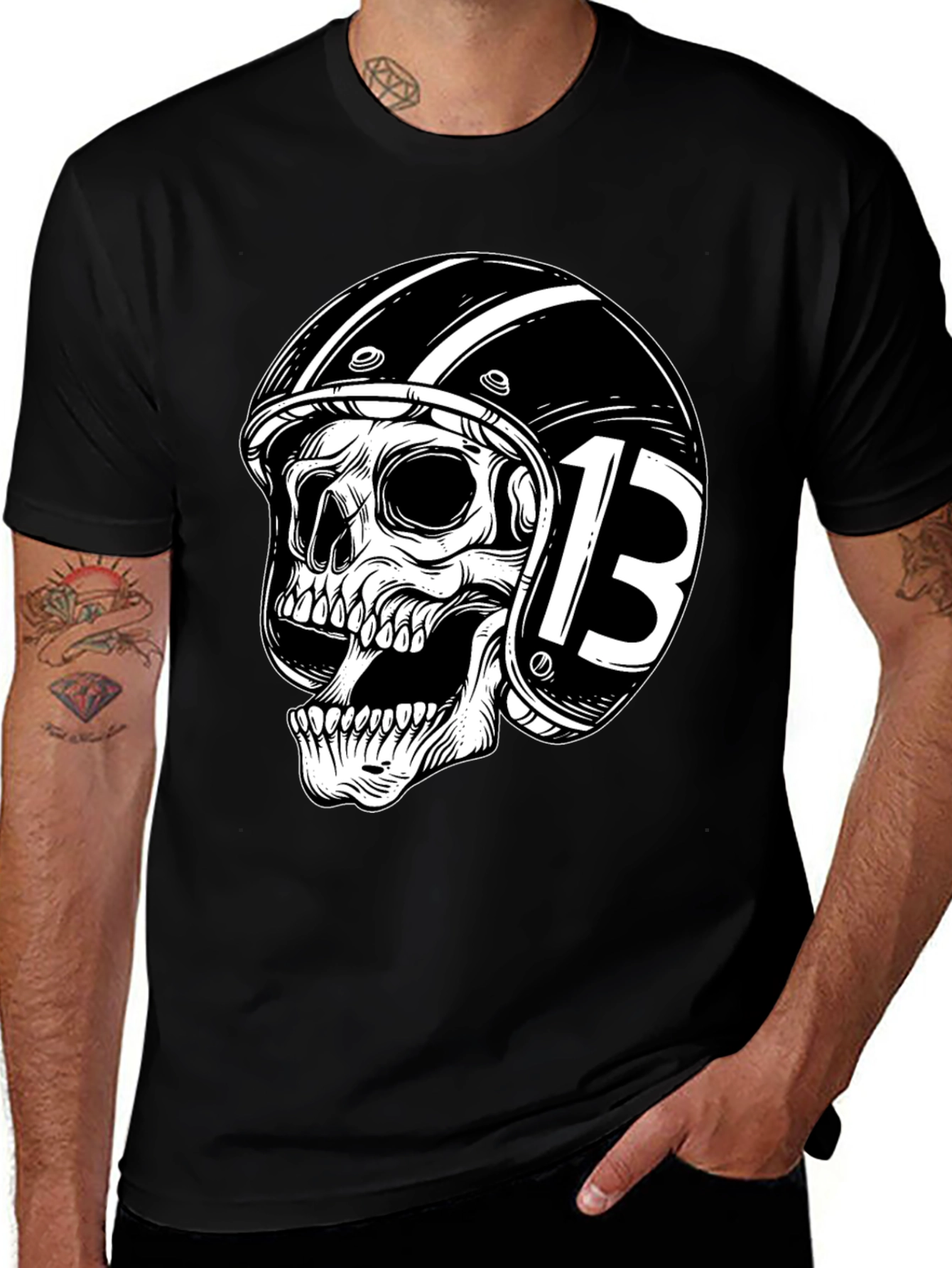 Mens Black Skull & Helmet Graphic T-Shirt