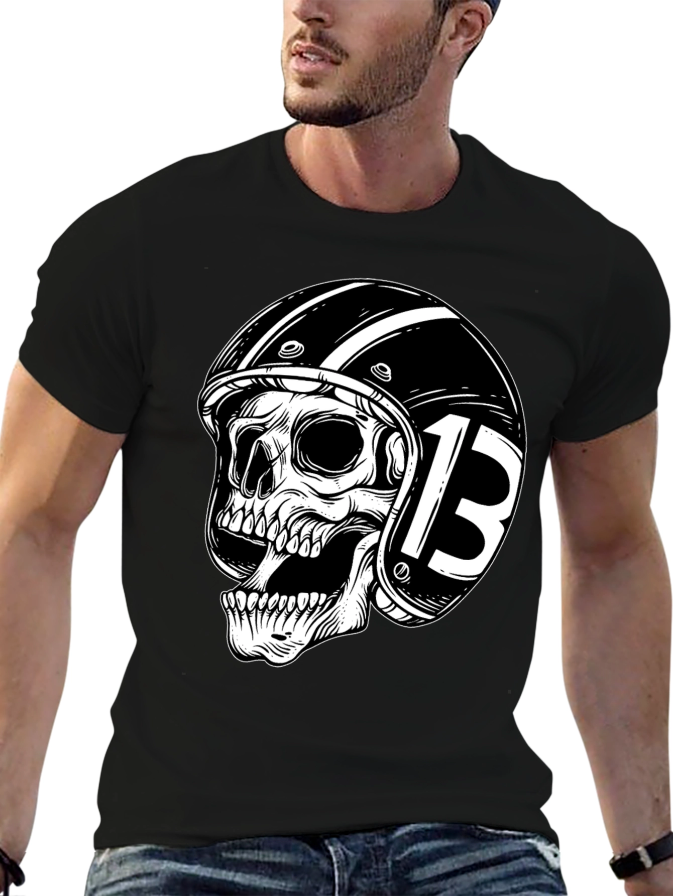 Mens Black Skull & Helmet Graphic T-Shirt