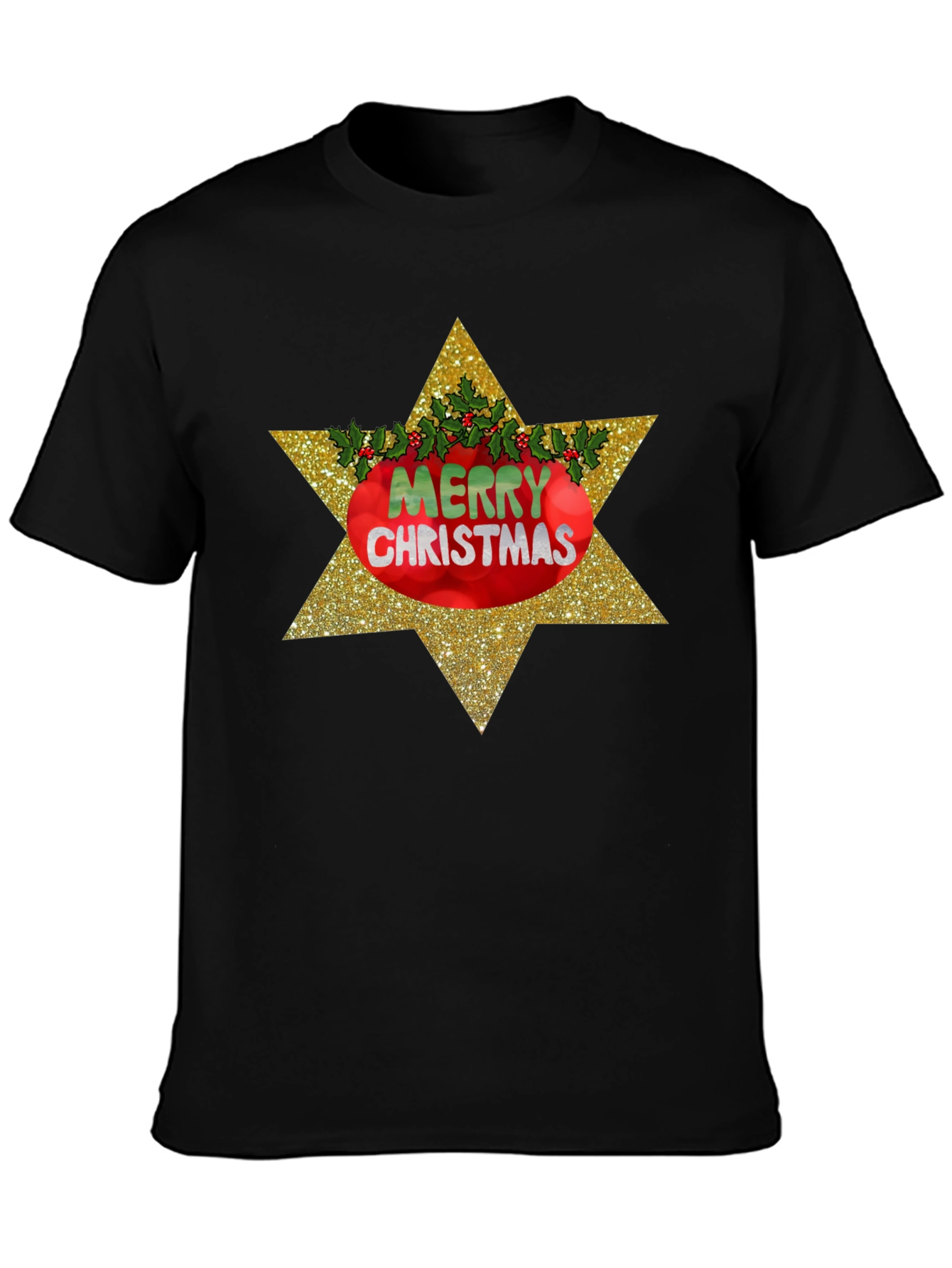 Merry Christmas Star Graphic Tee - Black Holiday Shirt