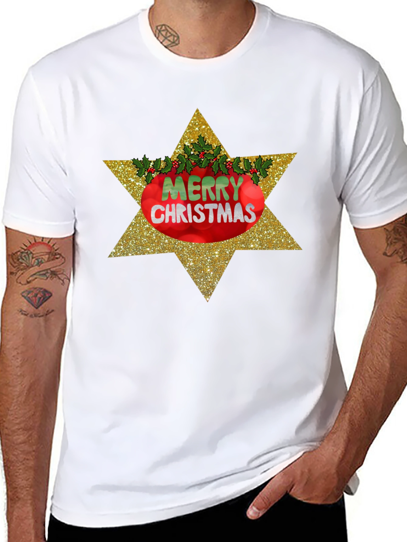Merry Christmas Star Graphic Tee - Black Holiday Shirt