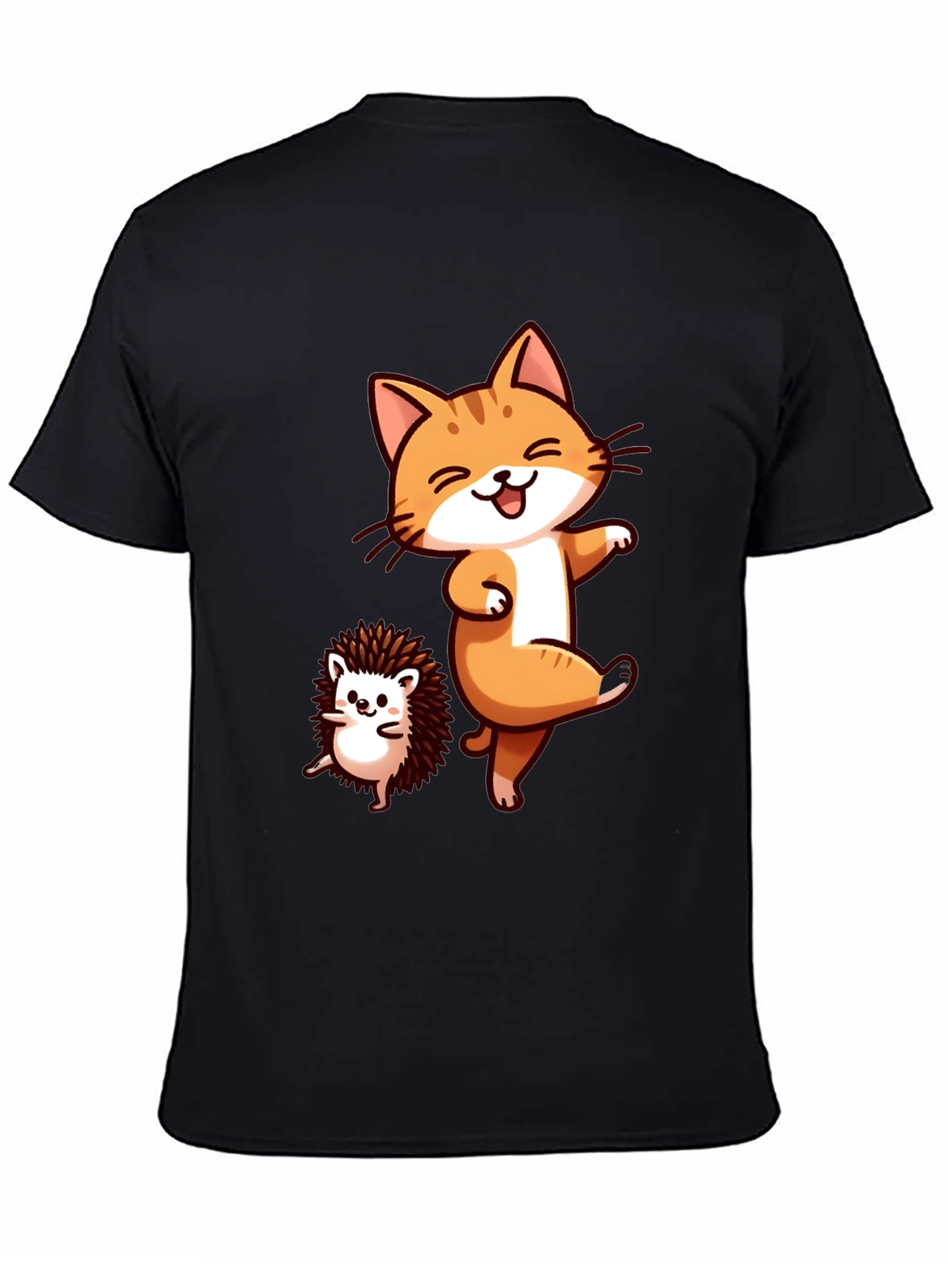 Funny Cat & Hedgehog Black T-Shirt