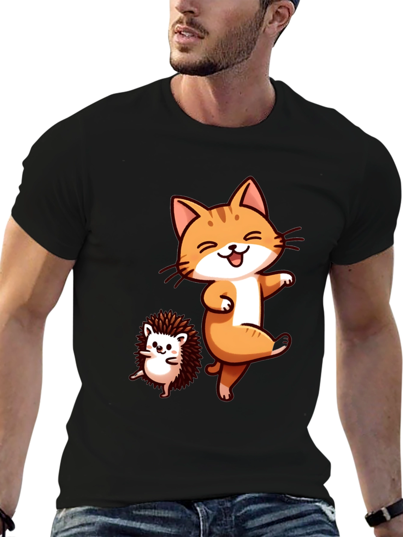 Funny Cat & Hedgehog Black T-Shirt