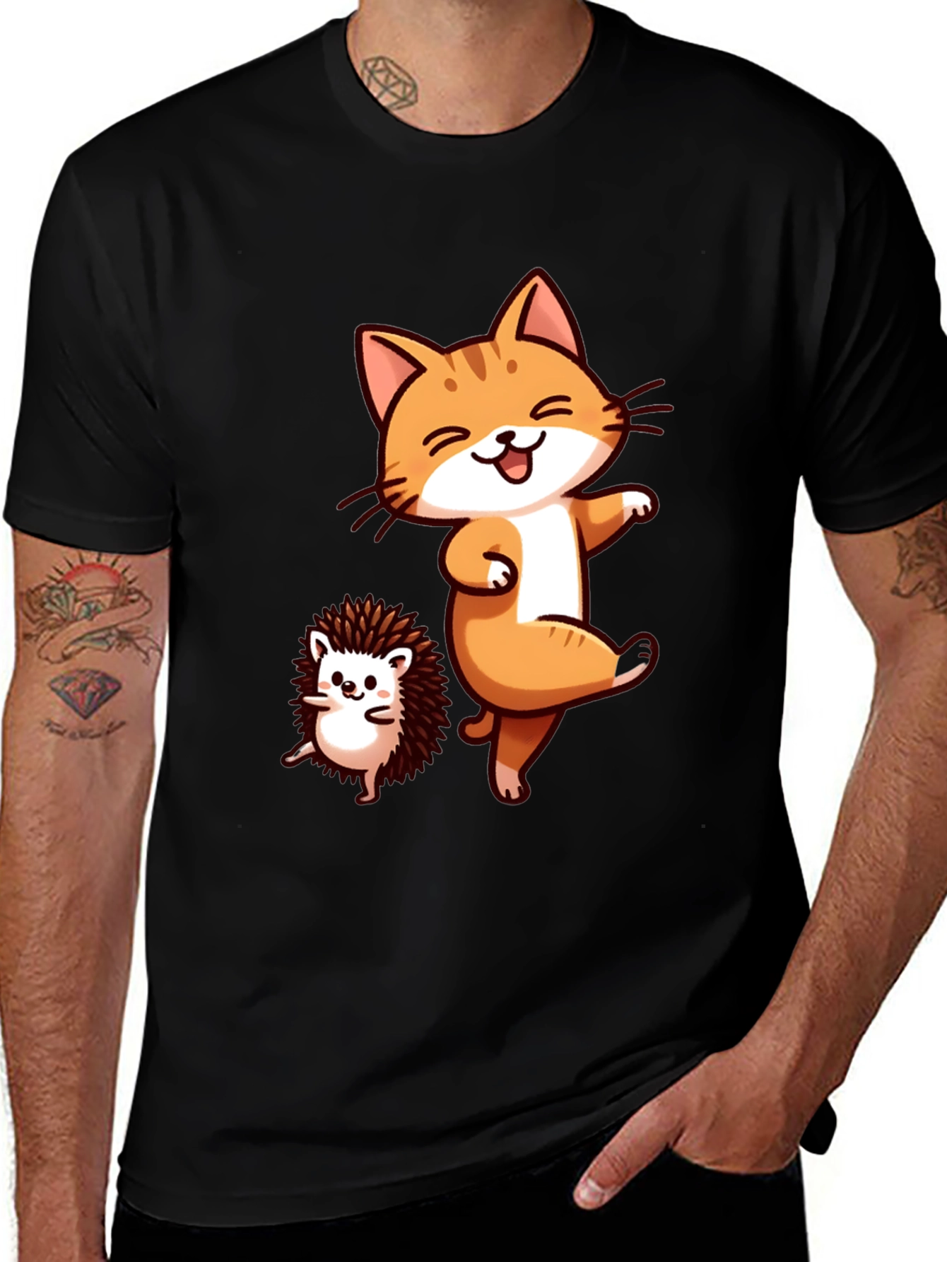 Funny Cat & Hedgehog Black T-Shirt