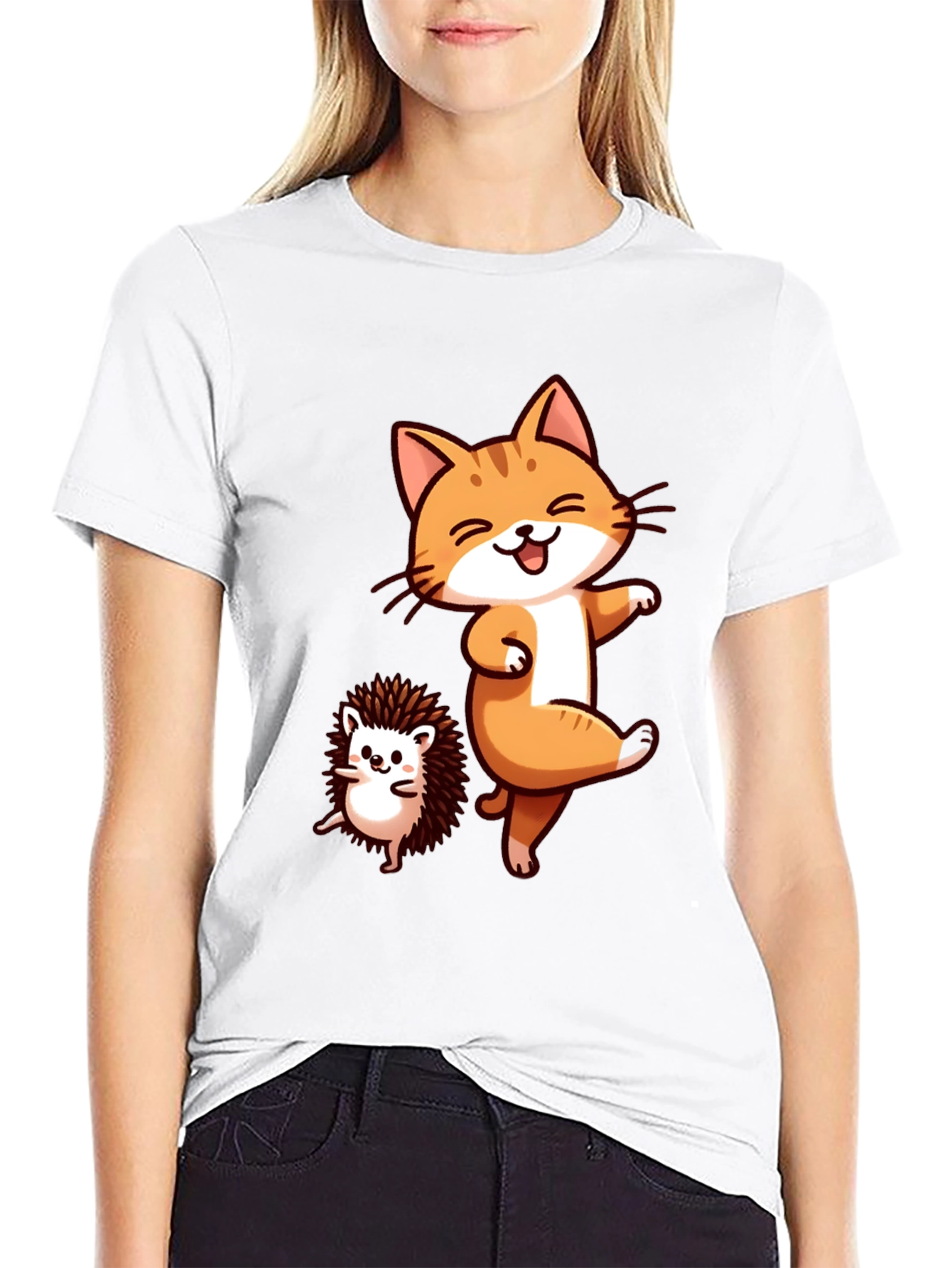 Funny Cat & Hedgehog Black T-Shirt