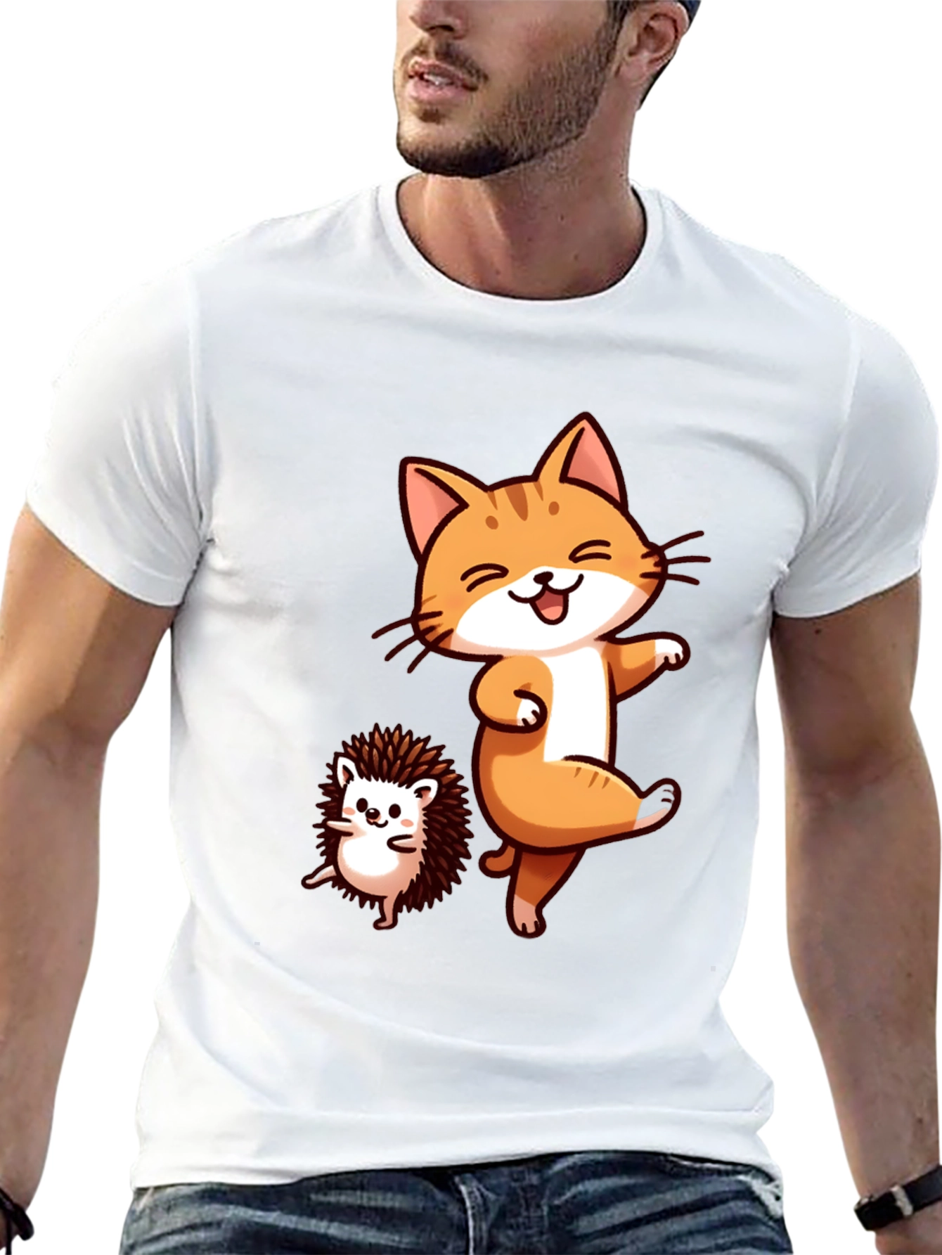 Funny Cat & Hedgehog Black T-Shirt