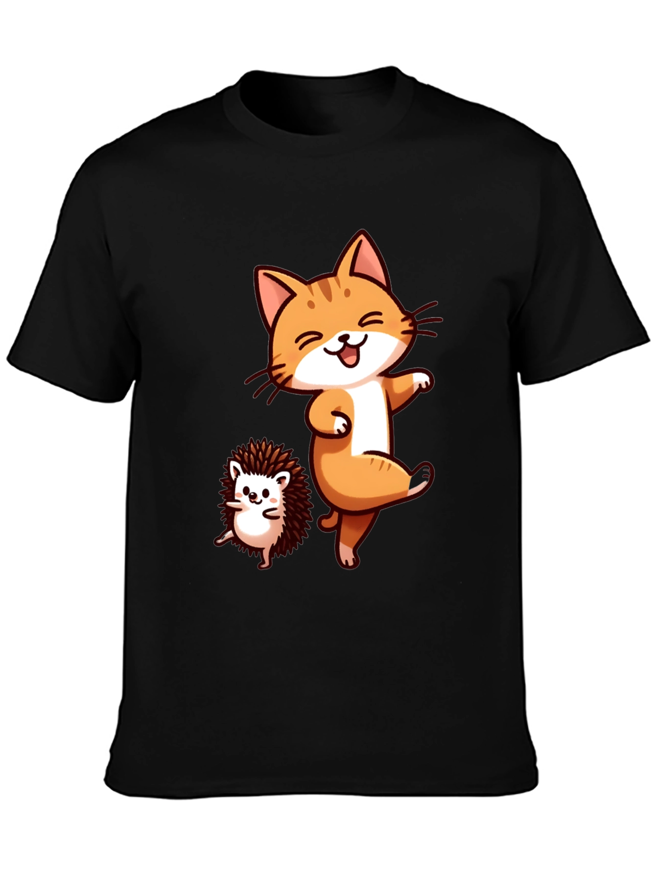 Funny Cat & Hedgehog Black T-Shirt