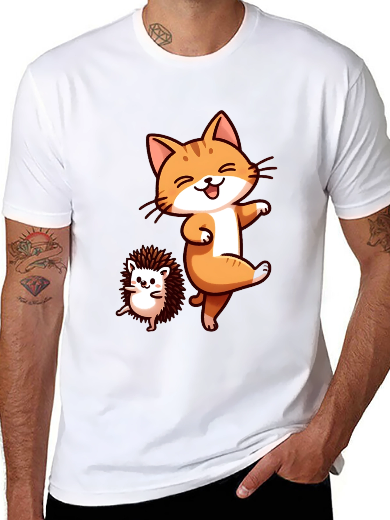 Funny Cat & Hedgehog Black T-Shirt