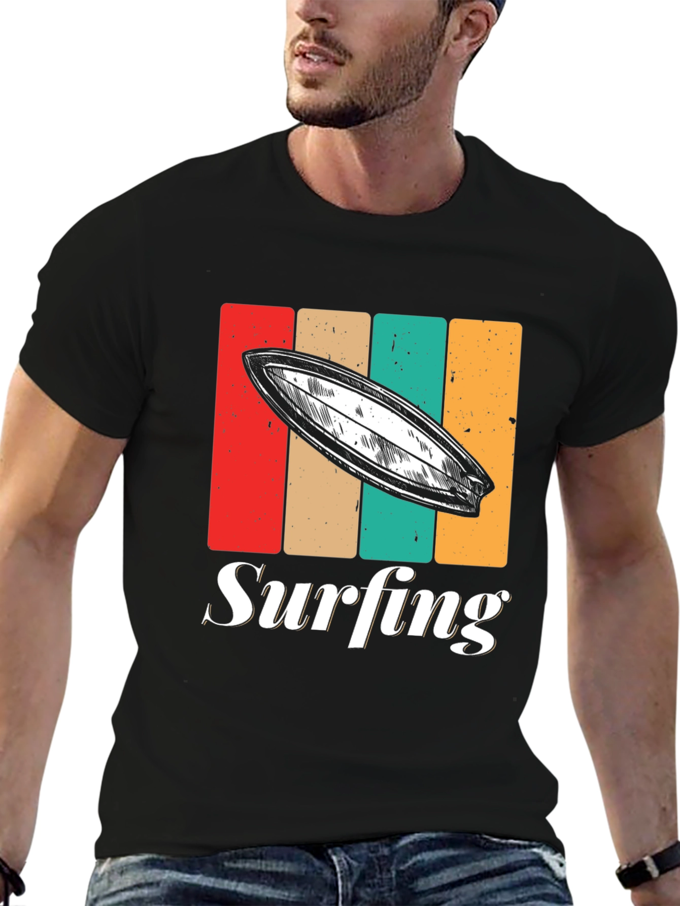 Retro Surfing T-Shirt - Black Surfboard Tee