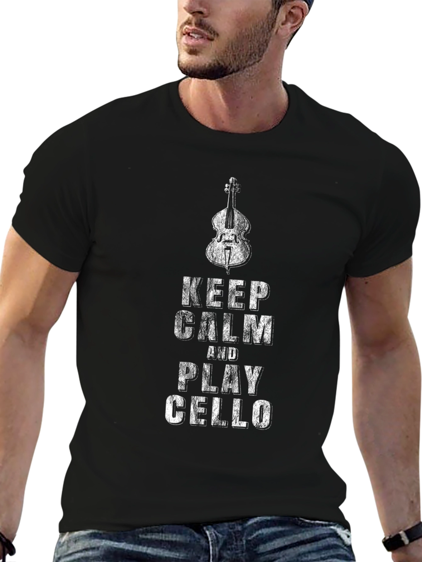 Keep Calm and Play Cello Black Graphic T-Shirt