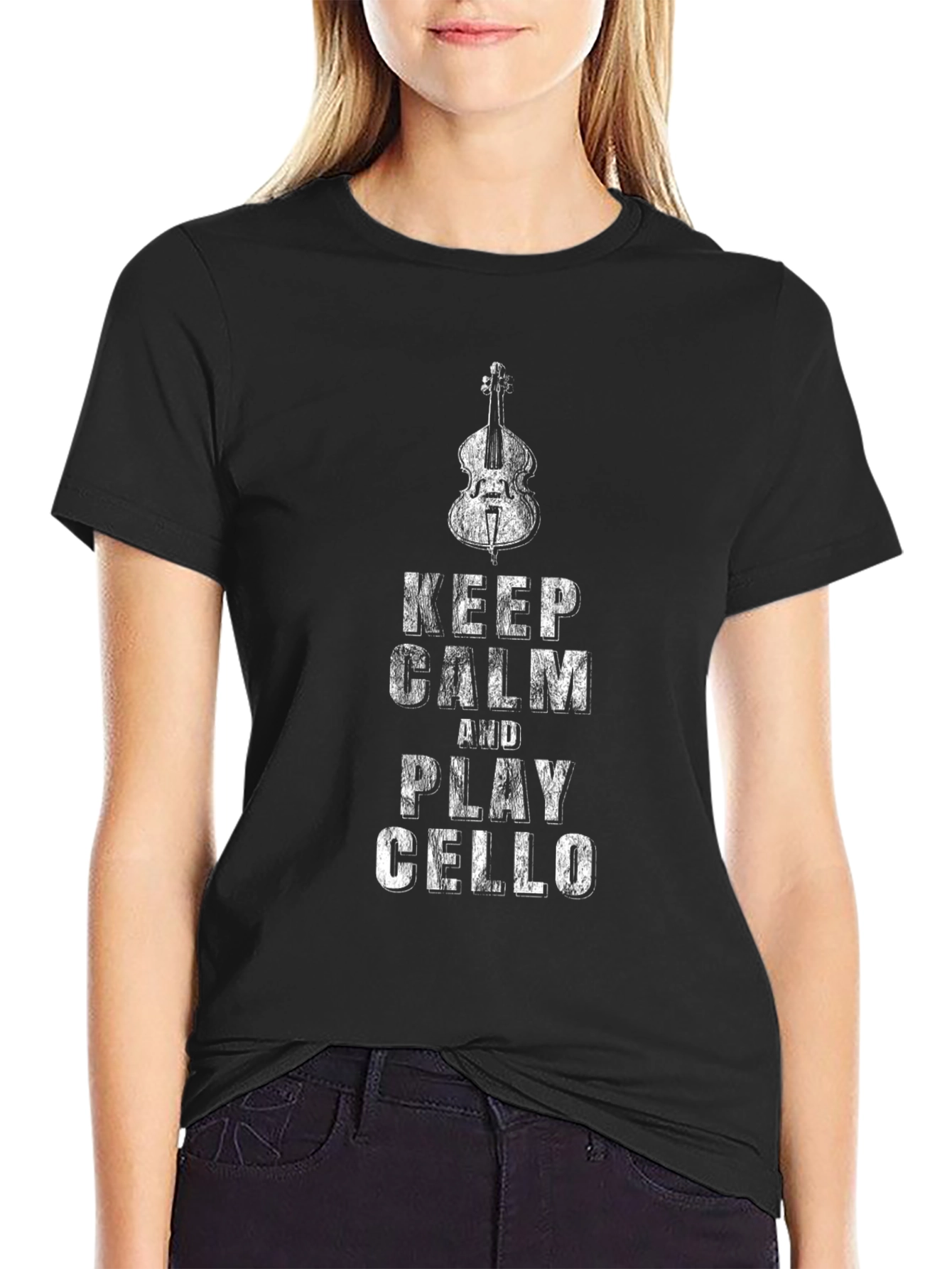 Keep Calm and Play Cello Black Graphic T-Shirt