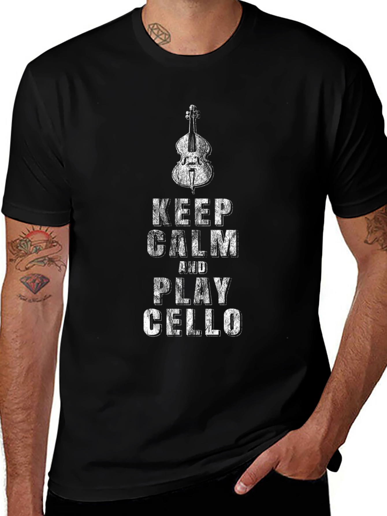 Keep Calm and Play Cello Black Graphic T-Shirt
