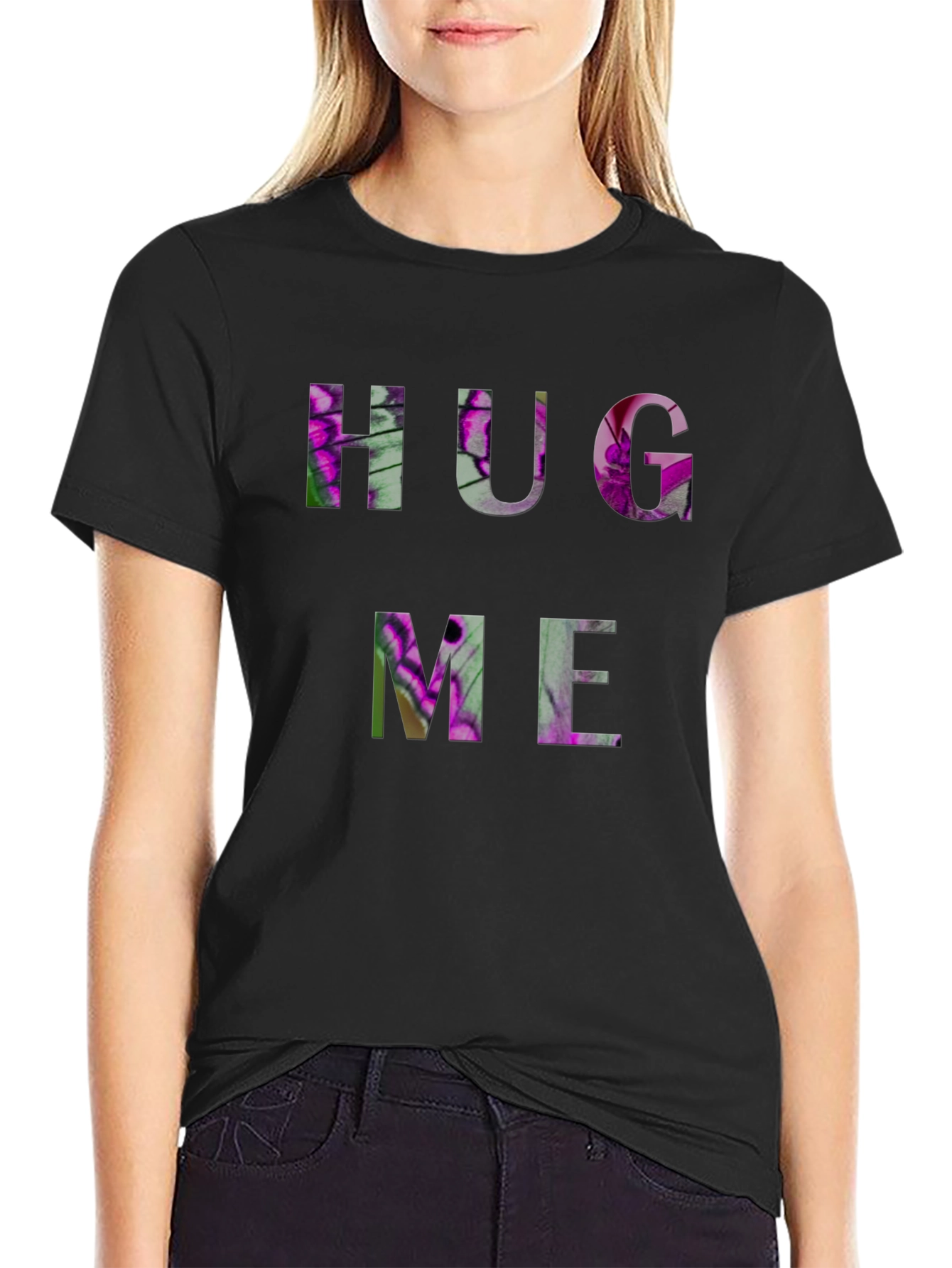 HUG ME Floral Graphic Black T-Shirt