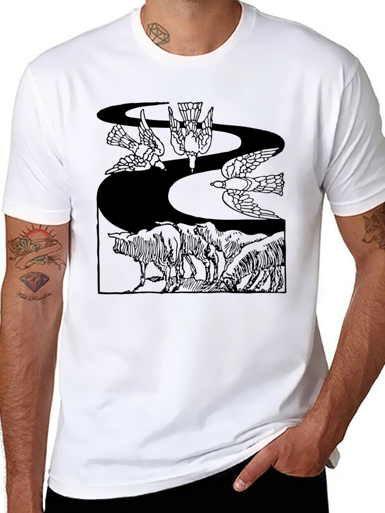 Black Graphic Tee - Birds & Wildlife Design