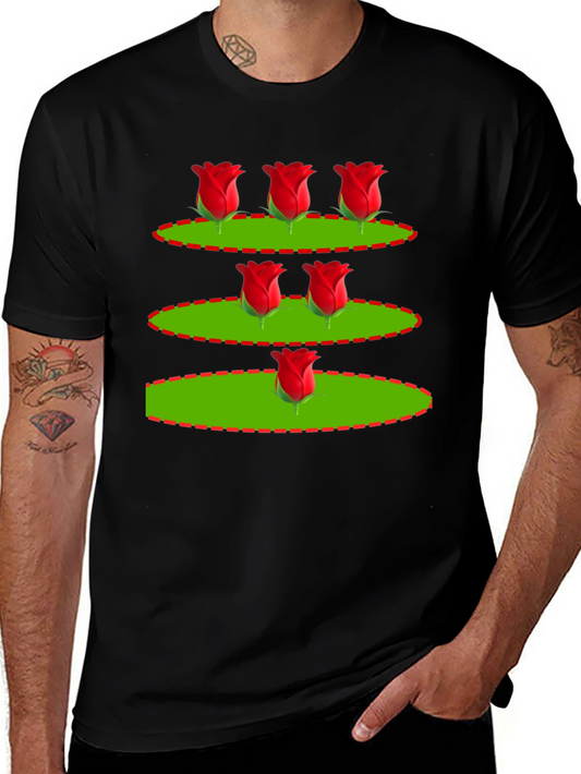 Floral Print Tee - Red Rose Design Black T-Shirt