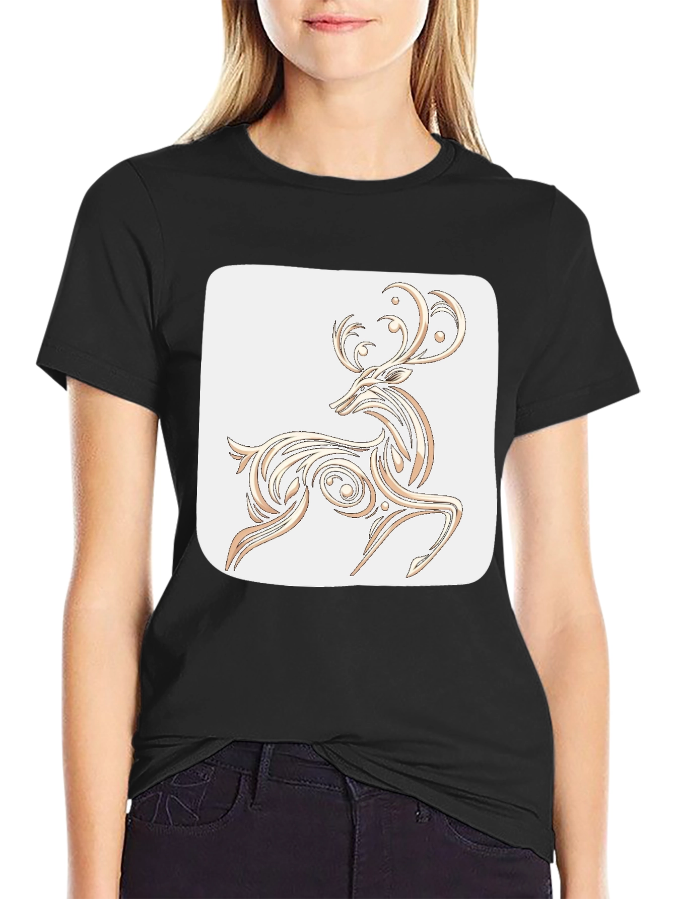 Elegant Deer Graphic Tee - Black