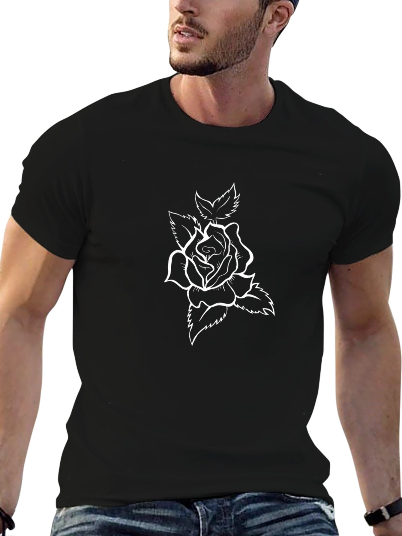 Black Tee with White Rose Graphic