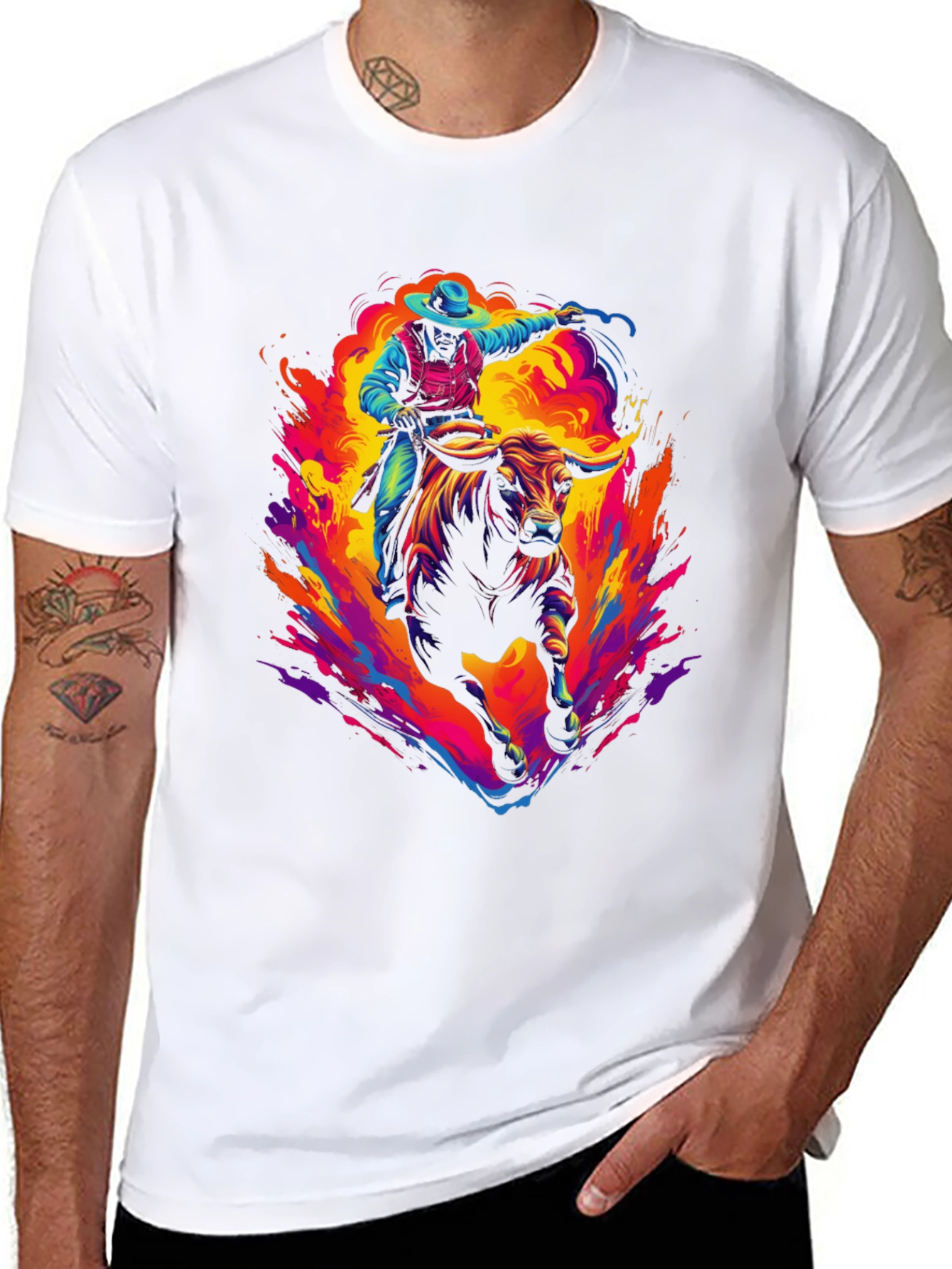 Vibrant Cowboy Bull Rider Graphic Tee - Western Style
