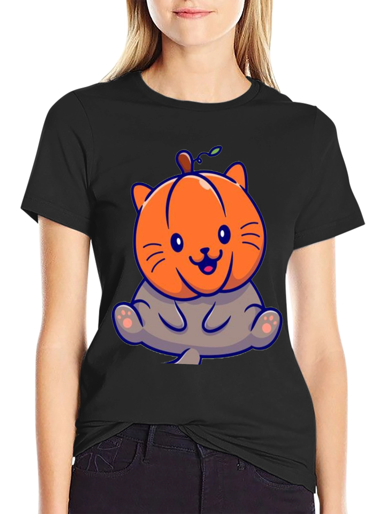 Cute Pumpkin Cat Black T-Shirt