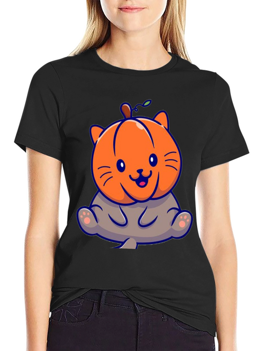 Cute Pumpkin Cat Black T-Shirt