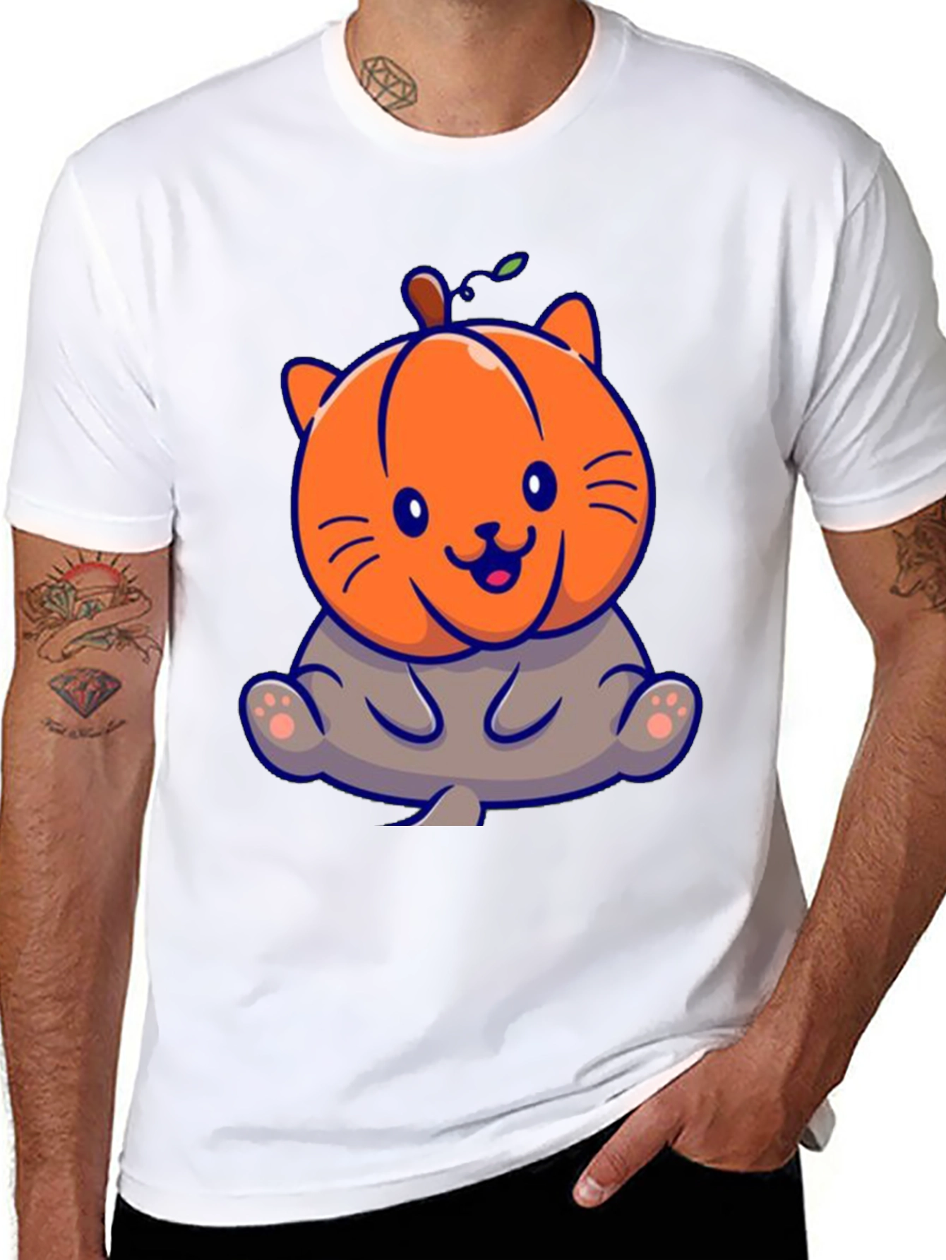 Cute Pumpkin Cat Black T-Shirt