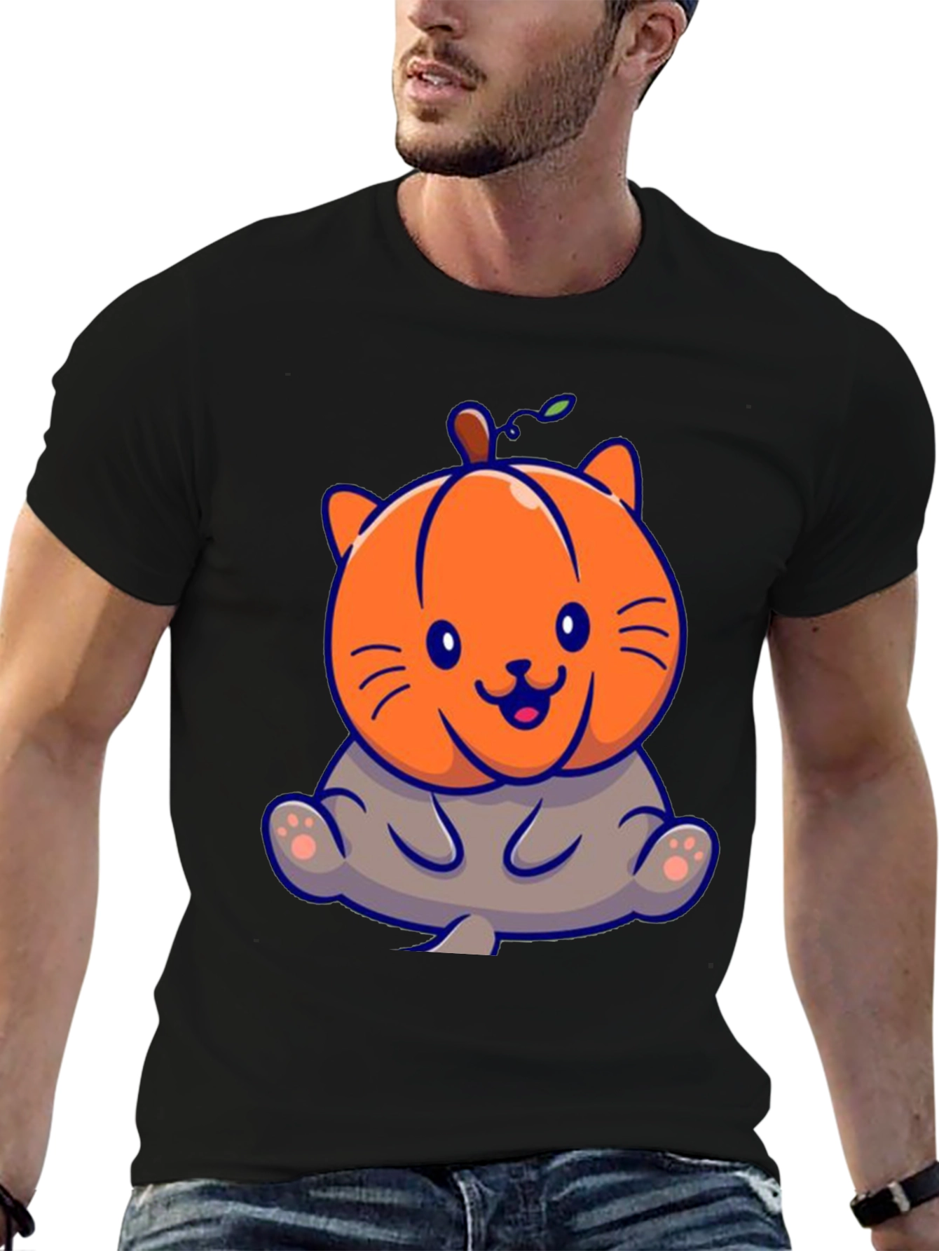 Cute Pumpkin Cat Black T-Shirt
