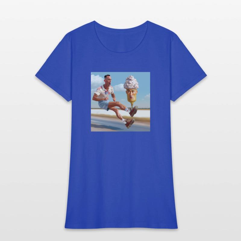 A man riding a skateboard with an ice cream cone