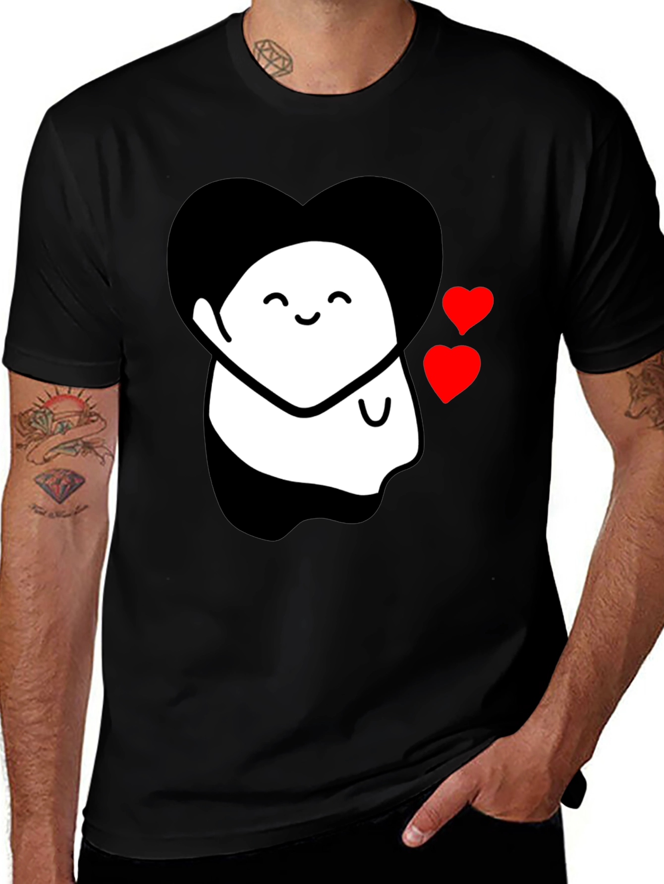 Cute Ghost With Heart Graphic Black T-Shirt