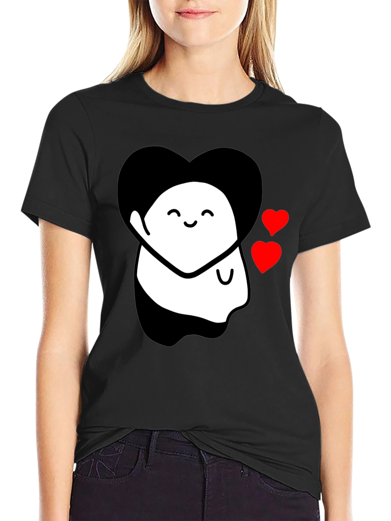 Cute Ghost With Heart Graphic Black T-Shirt
