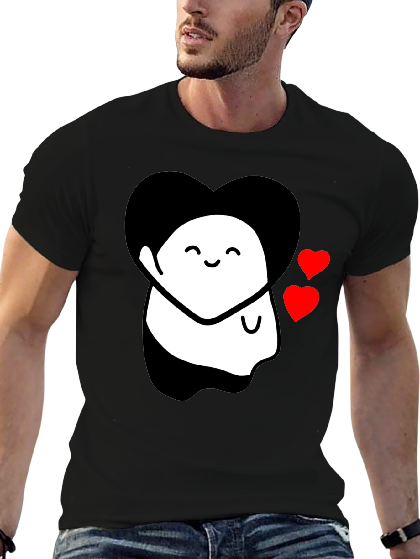 Cute Ghost With Heart Graphic Black T-Shirt