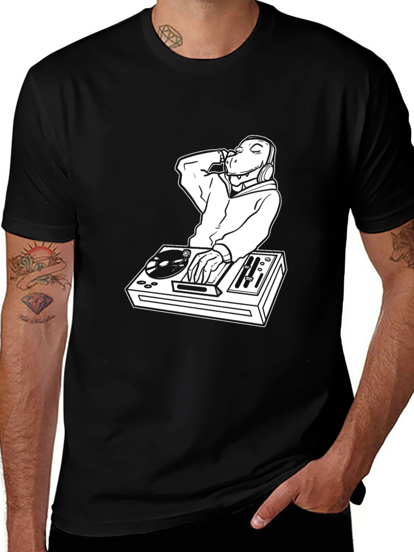 DJ Dino Black T-Shirt - Cool Graphic Tee